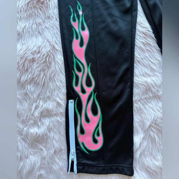 EUC RARE Palm Angels Venice SRL Black Track Pants With Pink and Green Flames - Picture 4 of 8
